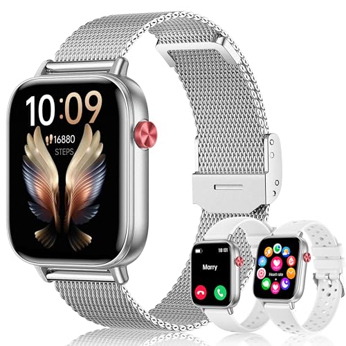 HXQHSTBG Women's Smart Watch (3 Straps) 1.83" HD Calls Bluetooth Smartwatch Whatsapp Notification with Heart Rate Monitor/SpO2/Sleep/Pedometer, 120 Sports Modes Voice AI, Android iOS Silver