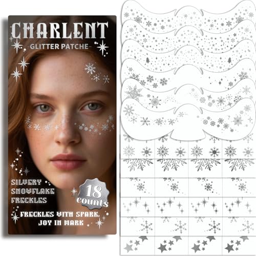 CHARLENT Glitter Snowflake Freckles Face Tattoos - 18 Sheets Waterproof Silver Temporary Makeup Patches for Women Kids Christmas Makeup Accessories