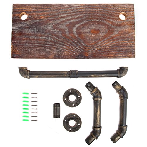 Lily's Home Industrial Plumbing Pipe Floating Wall Shelf, Rustic Design Includes Mounts with Screws for Use as a Bookshelf, Accessory Holder, or Knick-Knacks, Wood, (21.5" L x 9.75" W)