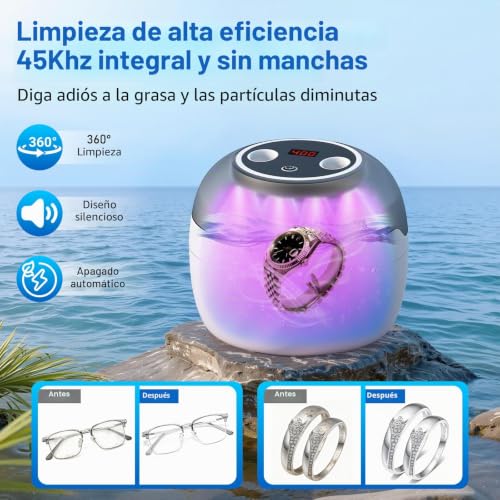 Ultrasonic Dental Cleaner | 45 kHz with 4 Programs and Digital Timer Display | 360° Silent Cleaning for Makeup Brushes, Glasses, Watches and Dentures