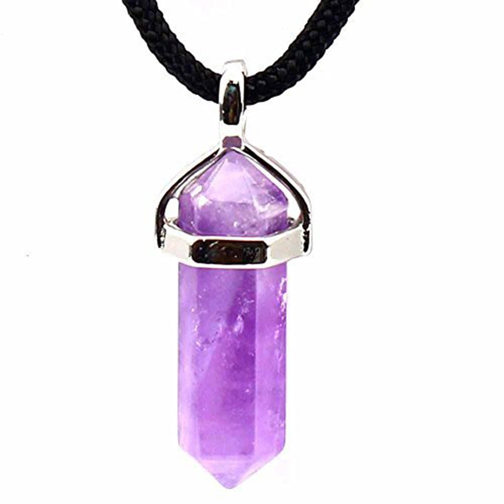 Aituo Gemstone Stone Crystal Quartz Faceted 6 Pyramid Chakra Sliver Pendant Necklace (Purple)