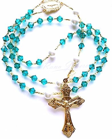 Rana Jabero Gold Plated Blue Zircon (December Birthstone) Swarovski Crystal and Glass Pearl Rosary