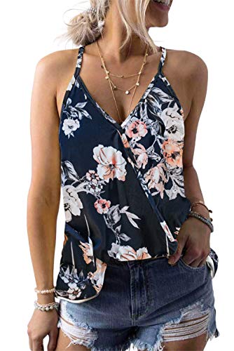 Dokotoo Womens Fashion 2019 Vocation Spaghetti Straps V Neck Sleeveless Loose Camisole Floral Print Tanks Tops Vest Blouse Cami Shirts Blue Small