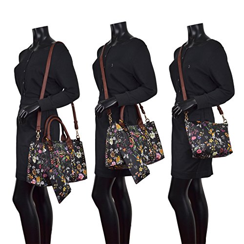 Women Handbag 3 Pieces Set Leather Shoulder Bag Satchel Purse 3 in 1 Simple Design Black Floral/Coffee