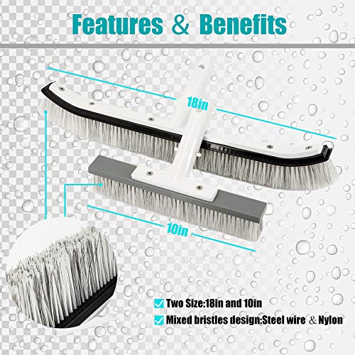 Lalapool Swimming Pool Wall & Tile Brushï¼ˆ18" & 10"ï¼‰ï¼ŒCombo Nylon and Stainless Steel Wire Brush for Cleaning Walls, Tiles & Floors, Aluminum Back Hybrid Brush Head with EZ Clips (Set of Two)