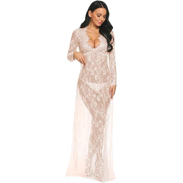 Amazon.com: AYMENII Boudoir Maternity Long Sleeve Lace Dress Milk Bath  Photoshoot Gown Sexy Women Deep V-Neck Lingerie Robe Nightgowns Red S:  Clothing, Shoes & Jewelry