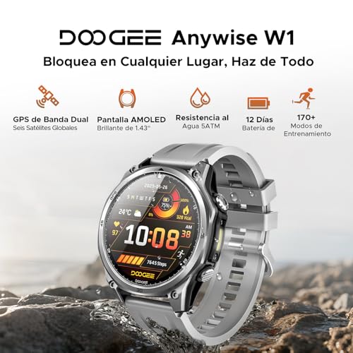 DOOGEEEco ANYWISEW1, Reloj Inteligente Militar para Hombre, GPS de Doble Banda 5ATM, Compatible con Android y iPhone, Pantalla AMOLED de 1,43", más de 170 Modos Deportivos