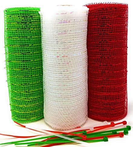 Classic Christmas Decorative 5 Yard Mesh Rolls (Pack of 3) for Crafting Wreaths with Zip Ties for Securing Mesh to Frames (Red, Green, White)