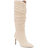 Coutgo Womens Knee High Boots Faux Suede Almond Toe Stiletto High Heel Slouchy Side Zipper Booties