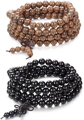 Gelmushta 1-2 Pcs 8mm Mens Womens Wood Bead Bracelet Necklace for Men Buddhist Prayer Chain Link