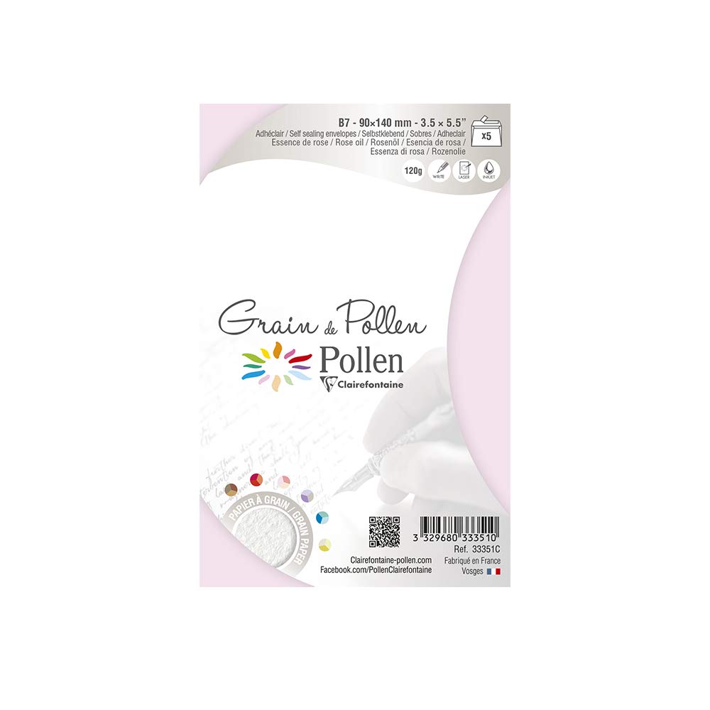 Clairefontaine 33351C - Pack of 5 Self-Adhesive Envelopes - Format 9x14cm 120g/m² Rose Essence Invitation Events Correspondence Pollen Grain Range Paper