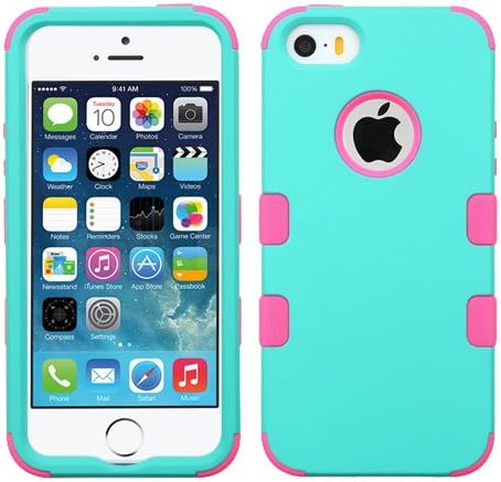 MyTurtle Shockproof Hybrid 3-Layer Hard Case Bundled with [9H Tempered Glass] Screen Protector Shock-Absorption and Anti-Scratch Bumper Back Cover for iPhone SE 5S 5 (Teal Green Pink)