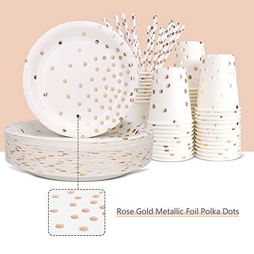 200PCS Disposable Paper Plates Party Supplies- Rose Gold Dots 50 Dinner Plates 50 Dessert Plates 50 Paper Straws and 50 9 oz Cups Biodegradable Heavy Duty for Birthday Wedding Party - Thumbnail 2