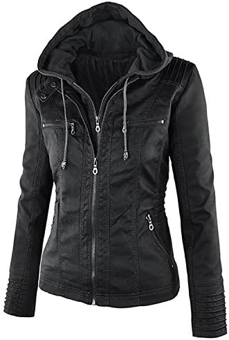FUDITAI Women's Classic Zip-up Hooded Faux Leather Jacket(Black)-3XL