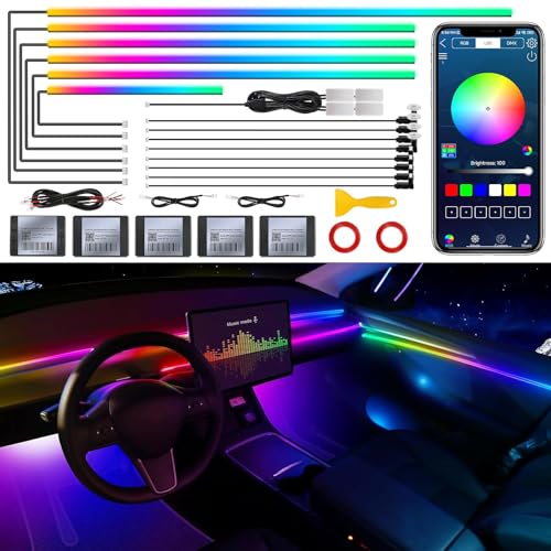 Acrylic Interior Lighting for Car, LED Strip, RGB 18 in 1 with 175 Inch 593 LEDs, Fiber Optic Strip Lights for Car, Dynamic Hunting Music, Sync, Neon Car Ambient Lighting Kits