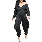 NRTHYE Women's Casual One Piece Jumpsuits Sexy V Neck Off Shoulder Long Sleeve Wide Leg Club Sweatsuit Outfits Rompers