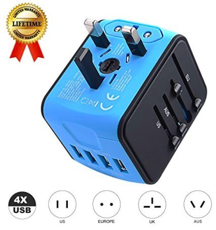 Unidapt International All in One Multi-Nation Worldwide Universal 4-USB Travel Power Adapter Charger - Travel to USA Europe Asia and UK Great for iPhone/Smartphones/Laptops & more (Blue)