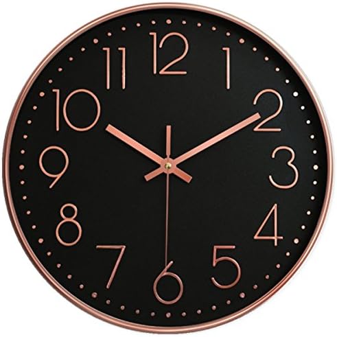 Vonzevo 12” Universal Silent Wall Clock Non-Ticking Mute Easy to Read Fashion Quartz Plastic Frame Glass Cover Battery Operated For Home Office School (Black &amp; Rose Gold)