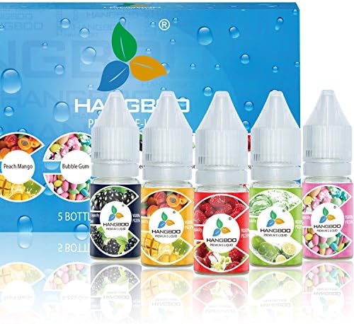 Hangboo E Liquid Pack of 5 x 10ml Mix Fruity Flavours are Peach Mango｜Bubble Gum | Blackberry | Lemon Soda | Raspberry to Create A Super Strong Flavour with High Grade Ingredients Made for Electronic Cigarette high vg Cloud Vape and E Shisha VG 80 PG 20 Nicotine Free 0mg (Premium Tobacco Liquid Oil Gel Refills for Ecigarette Fluid Taste Pure Smooth Vapour)