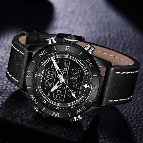Genuine Leather Band Analog Digital LED Dual Time Display Outdoor Sport Watch Mens Watch Black - Thumbnail 4