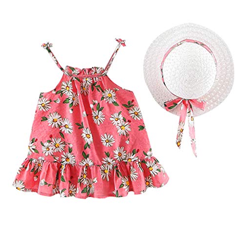 2 Piece Toddler Infant Summer Outfits Baby Girls Fruit Floral Print Princess Dress + Bowknot Wide Brim Sun Hat Sets (Red B, 2-3 Years)