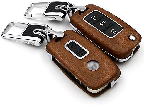Saibon BROWN Protective Genuine Leather Top Layer Hard Back Folding Key Remote Entry Fob Case Keychain for Volkswagen 2/3 Button