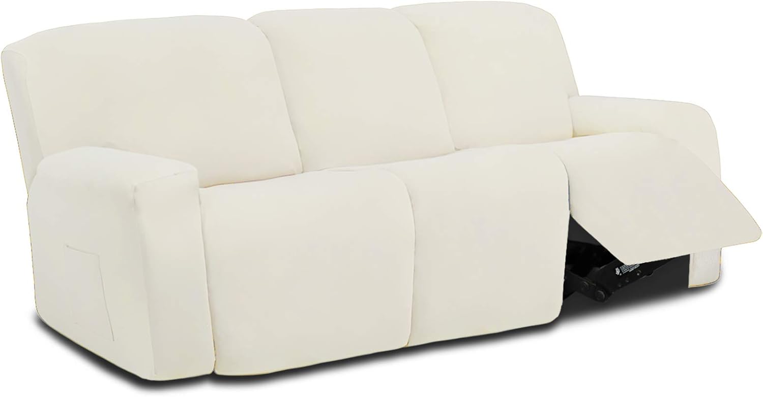 Easy-Going 8 Pieces Microfiber Stretch Sectional Recliner Sofa Slipcover Soft Fitted Fleece 3 Seats Couch Cover Washable Furniture Protector with Elasticity for Kids( Recliner Sofa,Beige)