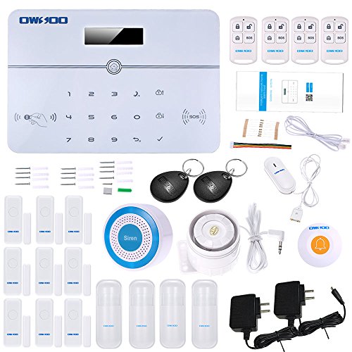 OWSOO Home Burglar Security Alarm System 433MHz Wireless Auto-dial PSTN LCD Display Remote Control With 9pcs Window Sensors +4pcs PIR Motion Sensors +1pcs Water Intrusion Leakage Sensor + Sirens