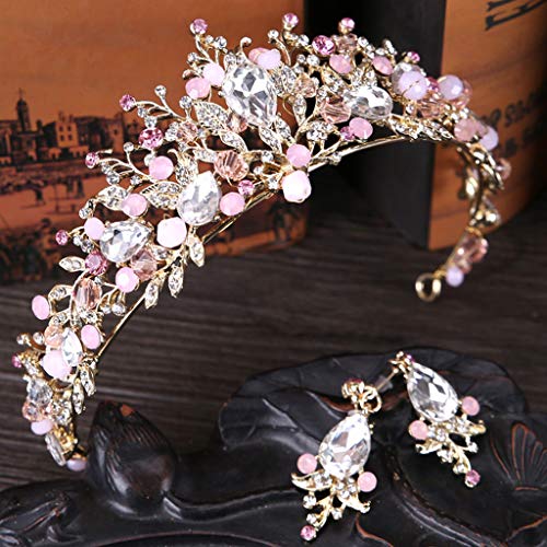 BCDshop_hairband clearance Bride Bridesmaids Elegant Crystal Crown Flower Tiara Headband Earing Set Ladies Headdress for Wedding Party (Gold)