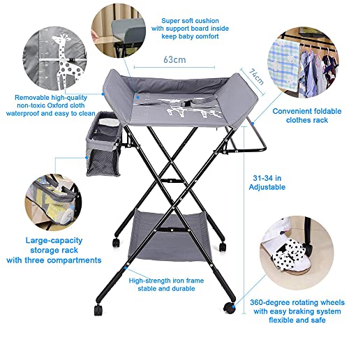 DMG TECH Portable Baby Changing Table, Waterproof Diaper Changing Table with Wheels, Adjustable Height Folding Diaper Station with Safety Belt, Large Storage Racks for Newborn Baby and Infant