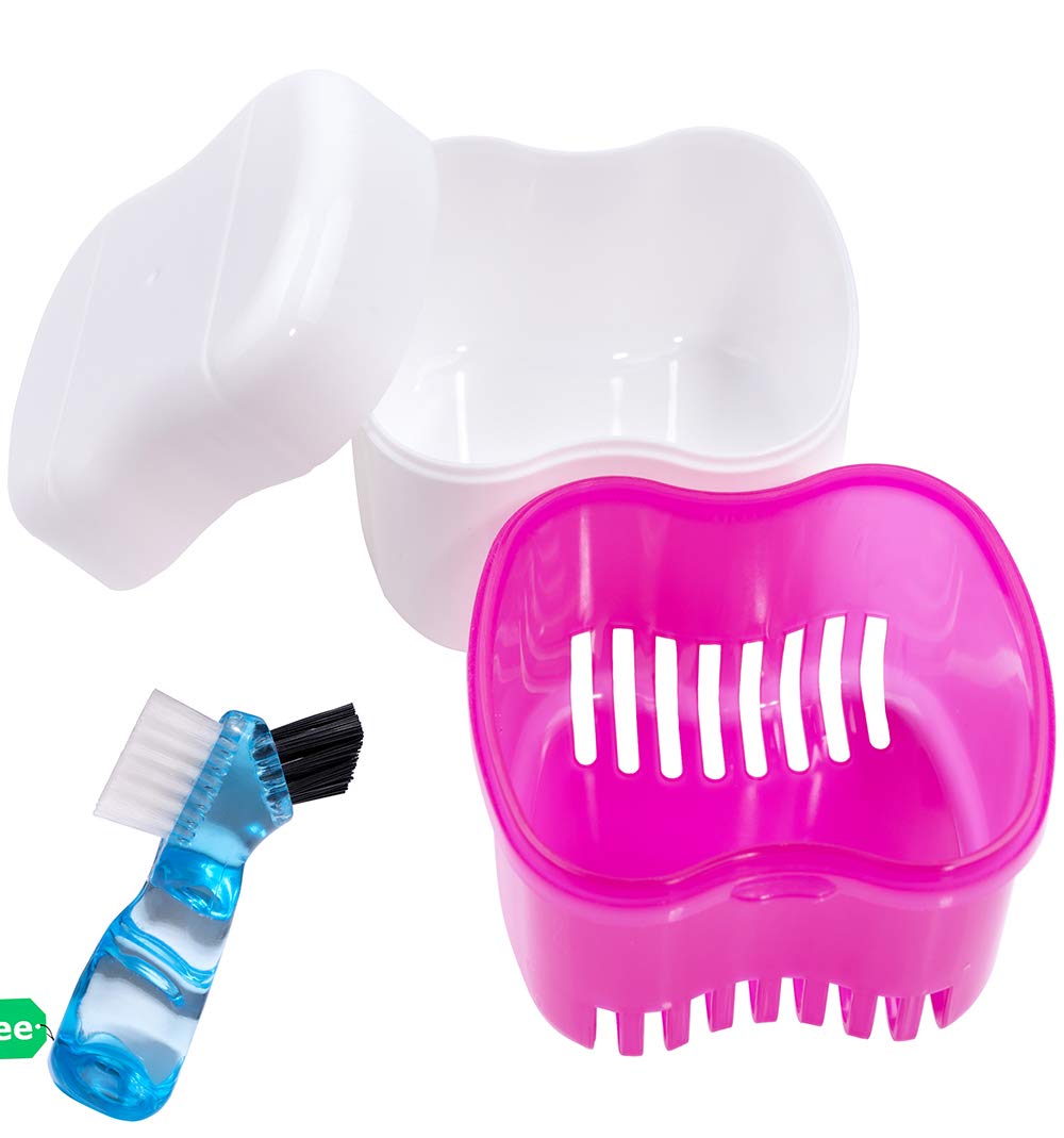 Denture Brush Retainer Case, Denture Case, Denture Cups Bath, Dentures Container with Basket Denture Holder for Travel, Mouth Guard Night Gum Retainer Container (pink) : Beauty