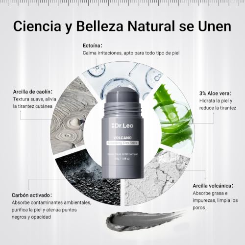 Dr.Leo Mascarilla de Arcilla en Barra, Limpia Poros y Puntos Negros, 45g | Con caolín, carbón y ectoína, limpia poros profundamente, controla grasa, elimina puntos negros, apta para piel sensible