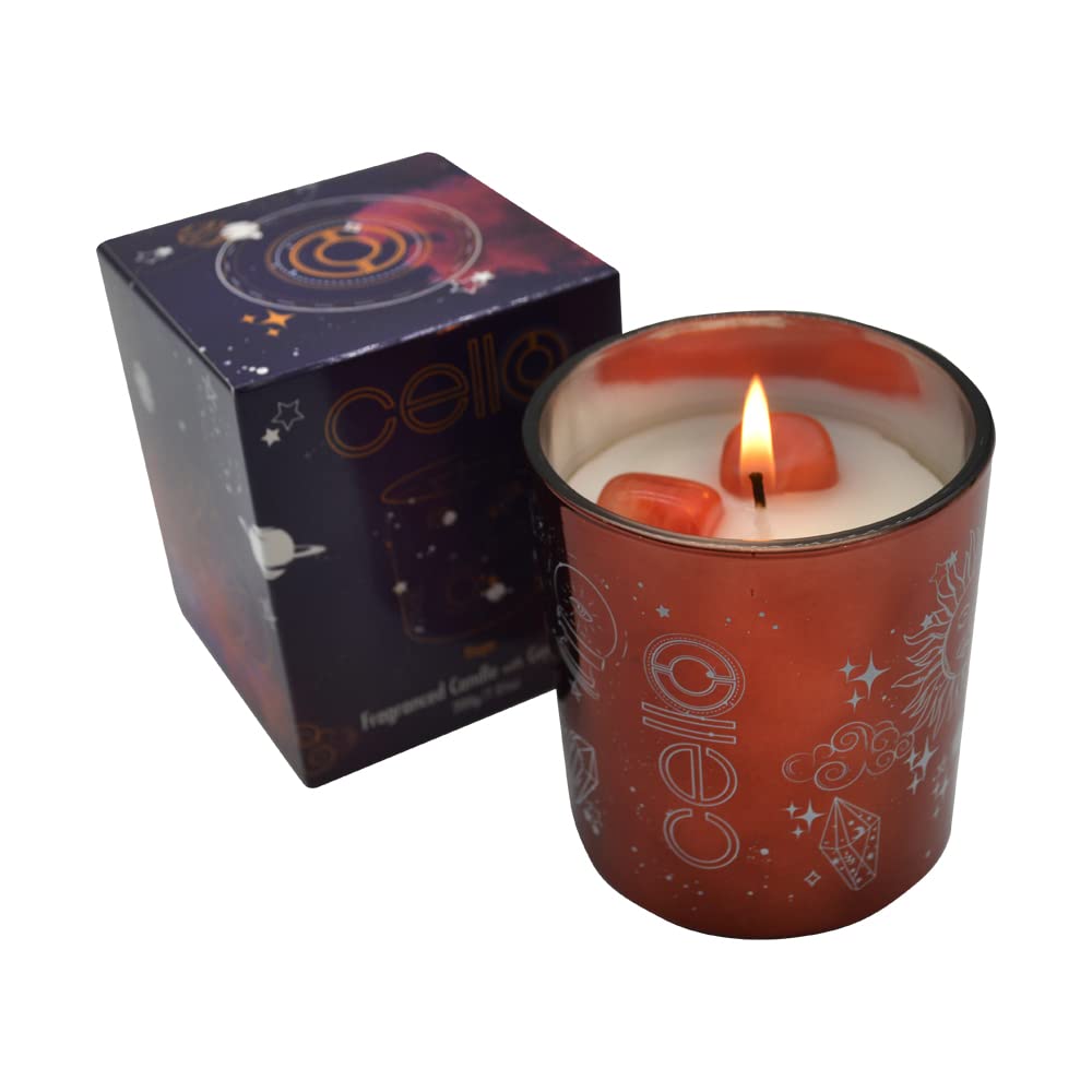Cello Celestial Scented Candle with Cherry Quartz Gemstones. A Stunning Metallic Pink Candle with Pink Crystals. The Ideal Scented Candles, Candles for Men & Candle Gifts for Women.