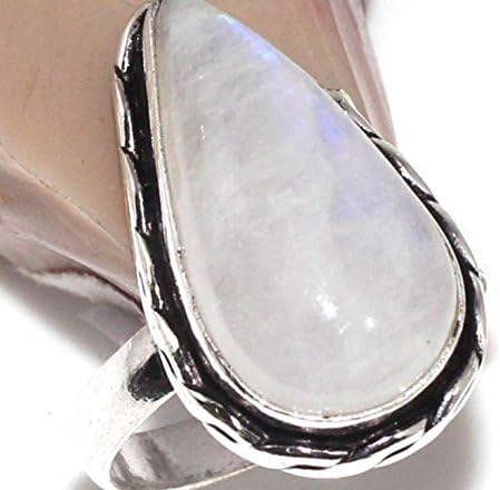 Rainbow Moonstone TearDrop Decorated Ring Rope Border Sterling Silver Size 9