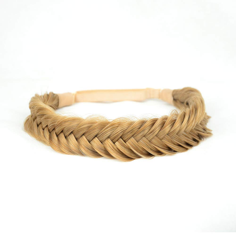 BOBIYA Wide Fishtail Synthetic Hair Braided Headband Classic Chunky Plaited Braids Elastic Stretch Hairpiece Women Girl (Golden Brown)