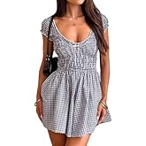 Chunersha Summer Cute Gingham Mini Romper for Women 2025 Dressy Casual Boho Beach Vacation Short Plaid Smocked Jumpsuit Black