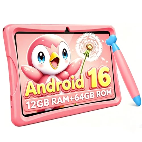 2026 Upgraded Kids Tablet 10 inch, Android 16 Tablets for Kids, Parental Control, Pre-Installed Kiddos Software & Kids Space, Includes Case & Stylus Pen, 12GB RAM 64GB ROM, 2TB Expand, HD IPS Screen