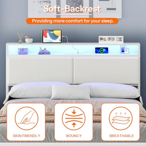 HOOBRO Full Bed Frame, Metal Platform Bed Frame with Charging Station and LED Light, Headboard with Shelves, No Box Springs Needed, White WT03UDBF01