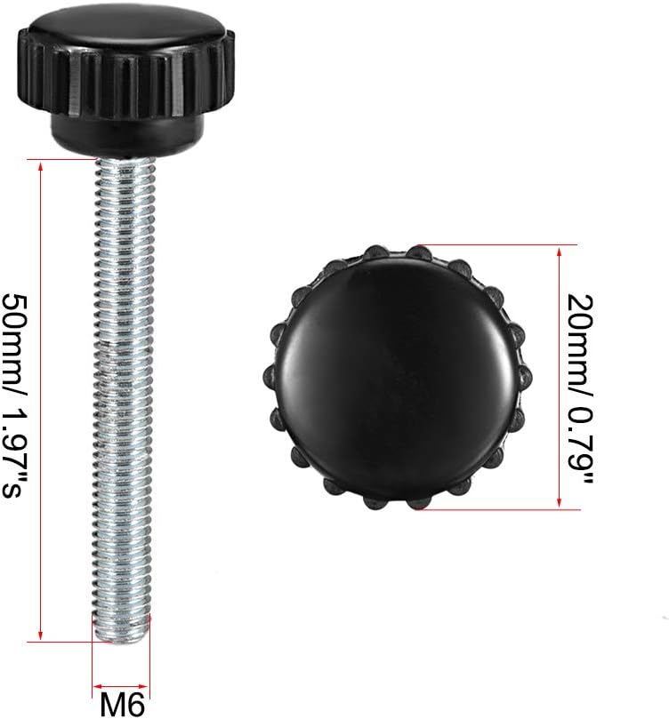 sourcing map 2pcs Knurled Clamping Knobs M6 x 50mm Metric Zinc Plated Carbon Steel Male Thread Thumb Screw on Type 20mm Plastic Round Head Threaded Hand Bolt Stud Knobs Black - Image 3