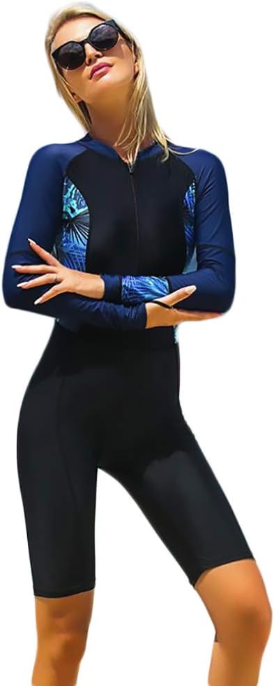 TeeYee Women Girls Long Sleeve Diving Suit Padded Boyleg Swimsuit One Piece Patchwork Tropical Swimwear