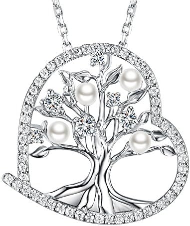 June Birthstone and April Gifts Love Heart the Tree of Life Necklace Jewelry White Pearl and Simulated Diamond Anniversary Birthday Gifts for Women for Her Wife Lady Fine Sterling Silver Pendant