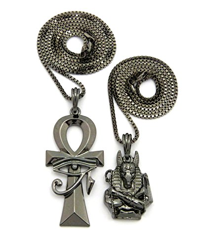 Polished Egyptian Anubis, Ankh Pendant 24",30" Box Chain 2 Necklace Set Hematite Tone