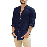 Makkrom Men Linen Shirt Button Down Long Sleeve Cotton Beach Band Collar Casual Summer Shirts