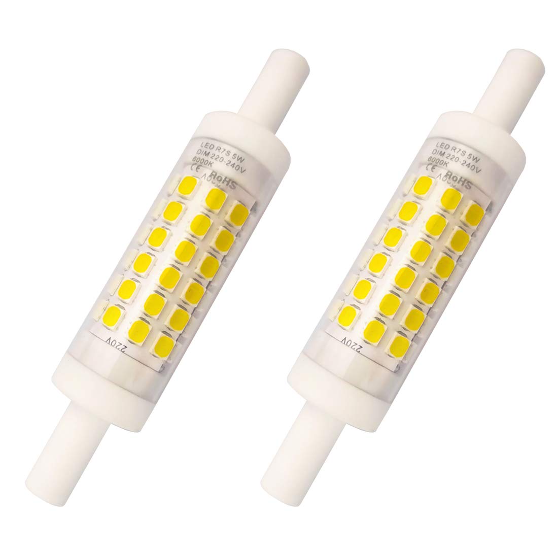 YAKAiYAL 5W R7s LED Light Bulb 78MM Dimmable Cool White 6000K AC220-240V Double-Ended Base J78 Linear Tube Ceramic Bulbs 360 Degree (Dimmable, 2-Pack)