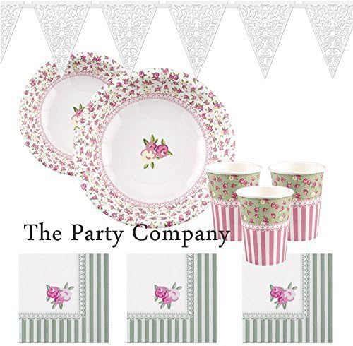 FRILLS & SPILLS TEA PARTY SET-Shabby Chic Kit for 16: Plates, Napkins, Lace Bunting & Cups by The Party Company