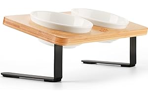COMESOON Ceramic Elevated Cat Bowls, 10° Tilted Raised Cat Food Bowls for Food and Water, Indoor Cat Dishes with Bamboo Stand Anti Vomiting for Cats and Puppy, Pet Bowl Set with Anti Slip Feet, Dishwasher Safe