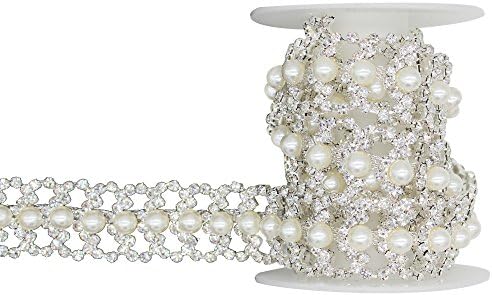 SHINYTIME Rhinestone Trims 1 Yard 2 Rows lace Pearl Rhinestone Trim Beaded Trim with Circle Banding for Wedding Cakes, Birthday Decorations, Baby Shower Events, Beautiful Christmas Decroation and Gift