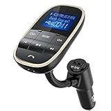 Tecboss Bluetooth FM Transmitter Hands-Free Wireless Car Kit Radio Receiver USB Charger W Sleep Power Off Shuffle Support USB Flash TF Card Aux In Out, Gold
