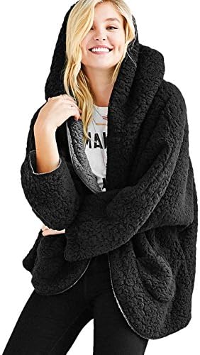 Qiuse Women's Lovely Double-Side Faux Lamb Fur Reversible Batwing Fleece Hooded Coat (Small, Black)