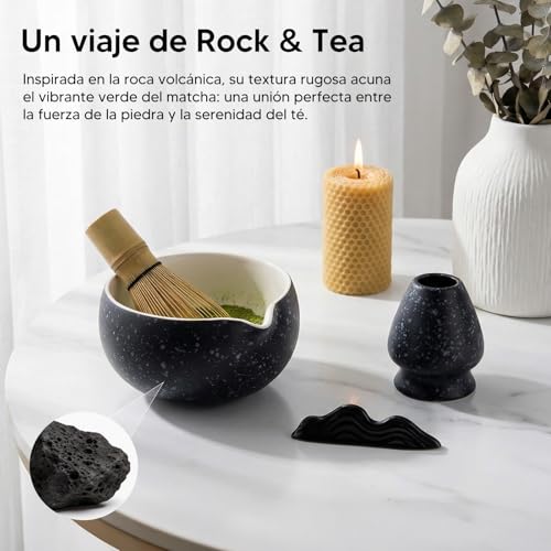 Kit de Té Matcha Tradicional, Juego de Té Matcha 8 Piezas – Tazón de Cerámica Artesanal, Batidor de Bambú, Soporte y Cuchara Kit Completo para Ceremonia de Té Japonesa en Casa (negro)